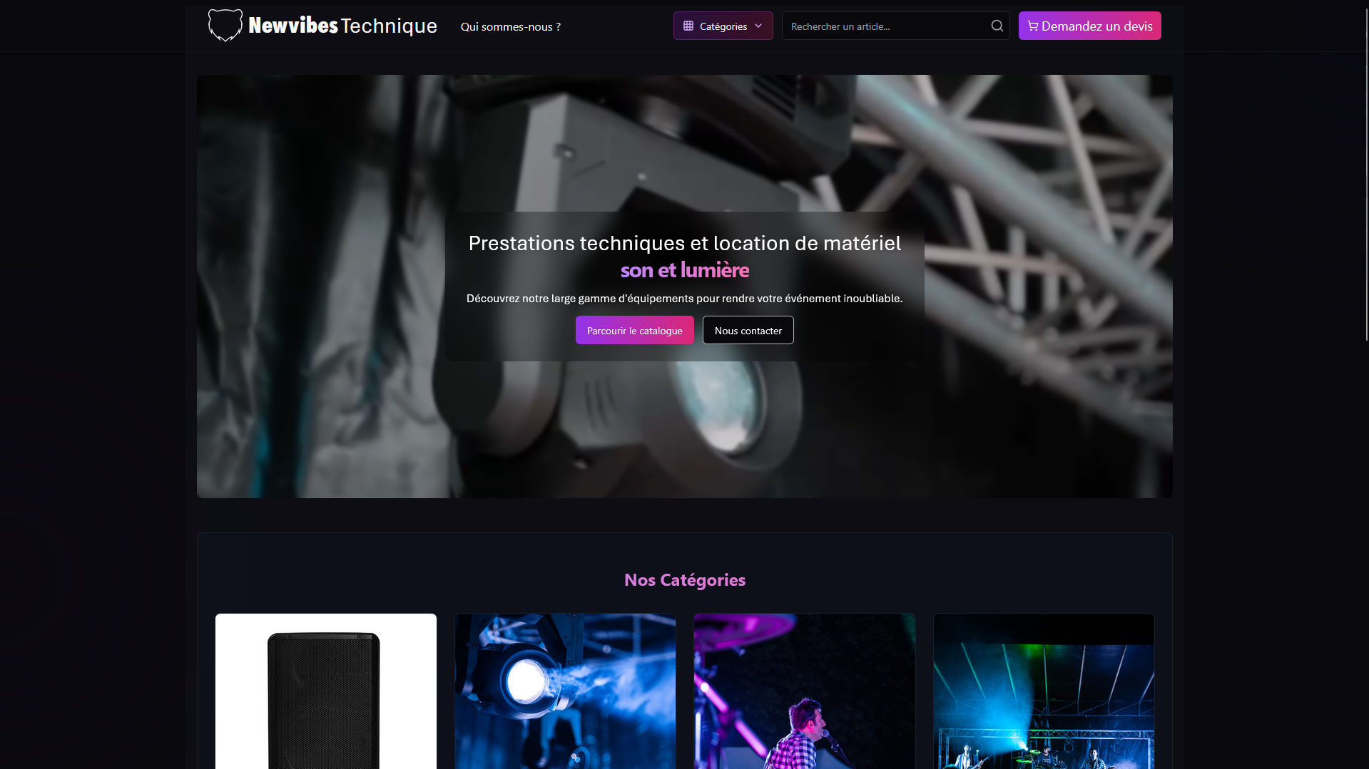 Site web Newvibes Technique avec catalogue d'équipements son et lumière pour événements